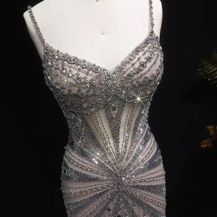 Robe de soirée Sharon Said Dubai Champagne à fines bretelles avec fente haute perlée شارون سعيد