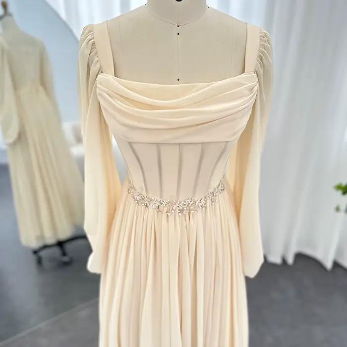 Sharon Said dubaï Beige robe de soirée courte avec ceinture manches longues thé longueur femmes robes