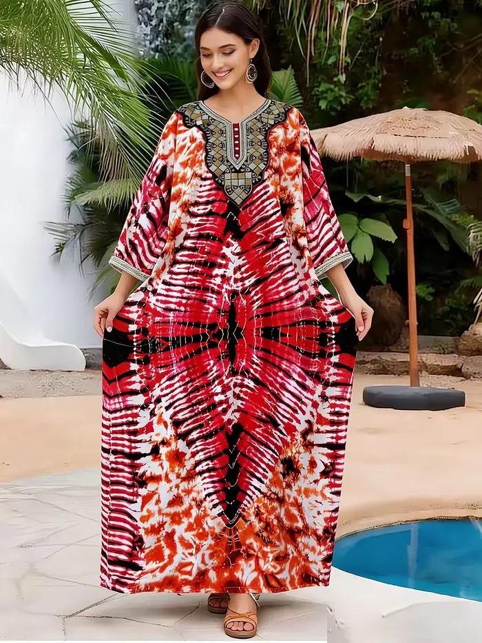 Haute qualité Design robe musulmane cravate-sec broderie cou coton femmes ample Abaya Boho