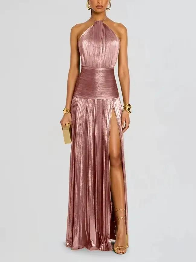 Robe de soirée dorée à col licou pour femme