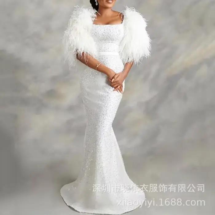 Robe longue en plumes taille haute pour femmes