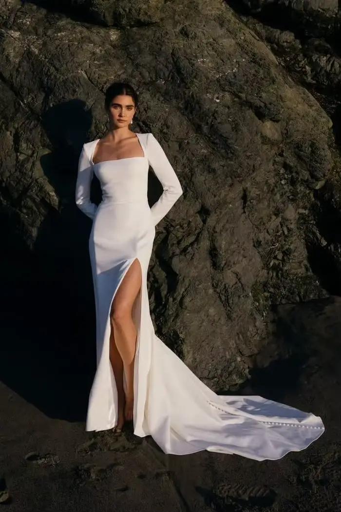 Civil 2025 crêpe sirène robes de mariée haute fente formelle robe de soirée de mariage manches longues