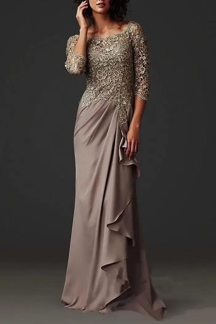Robe de mère de la mariée en mousseline de soie avec dentelle et broderies florales pour femmes, élégante pour cérémonies de mariage et événements formels