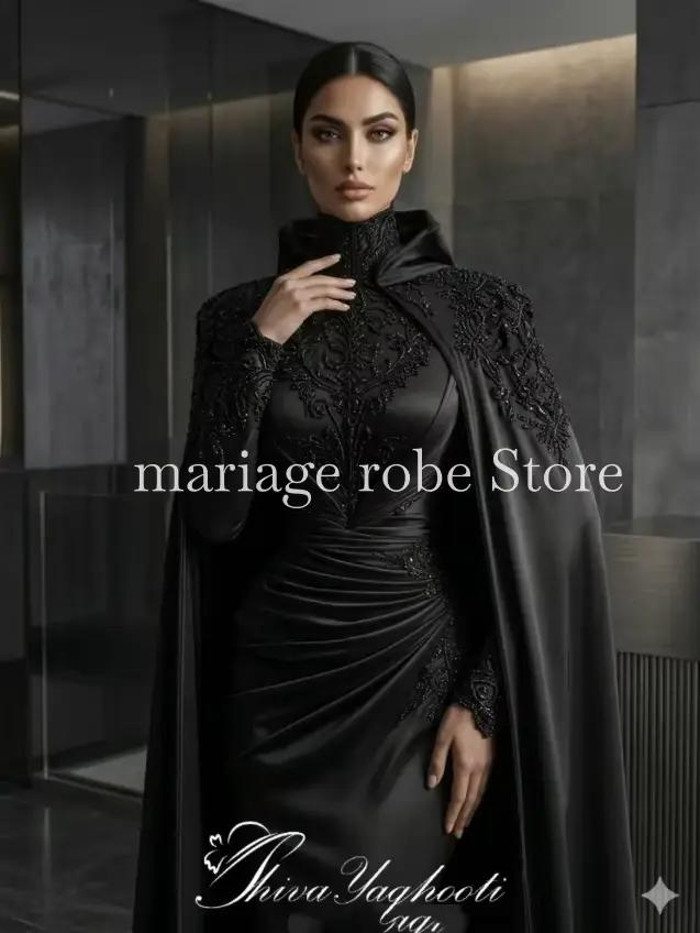 Robes de soirée de luxe noires musulmanes arabes avec cape