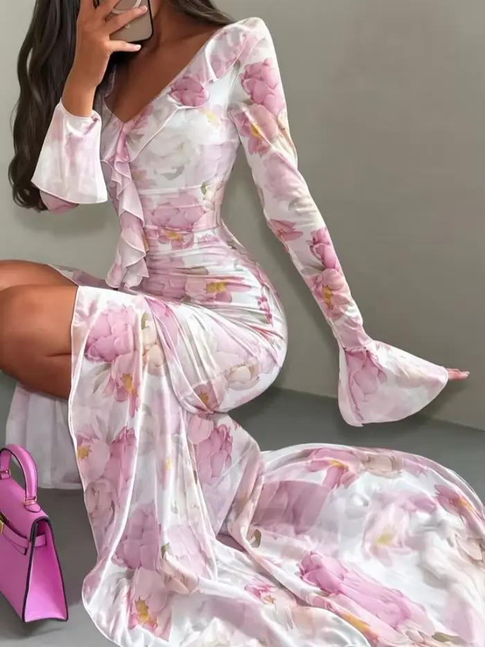 Robe longue chic rose à imprimé floral pour femme