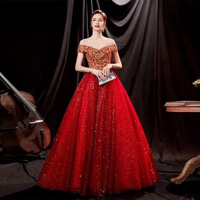 Robe de bal rouge mariée mariage Toast Solo scène Performance