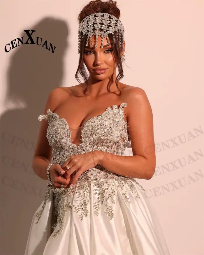 CENXUAN opulent a-ligne robes De soirée 2025 femme avec strass haute fente sans manches plissé robe De Formatura personnalisé