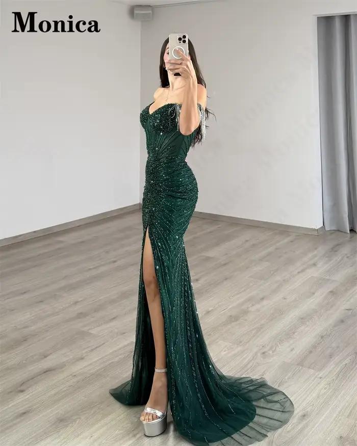 MONICA Vintage fente Robes De soirée pour les femmes gland hors De l'épaule sirène perles robe De bal