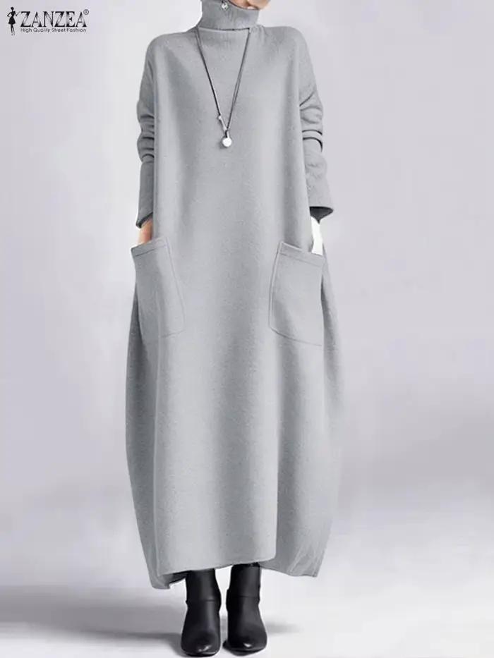 ZANZEA mode sweat robe femmes décontracté col roulé à manches longues solide a-ligne Robes mi-longues pour femme FW 2025