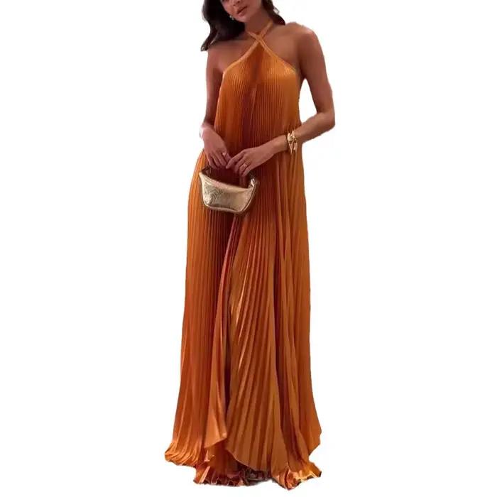 Robe longue plissée unie tendance