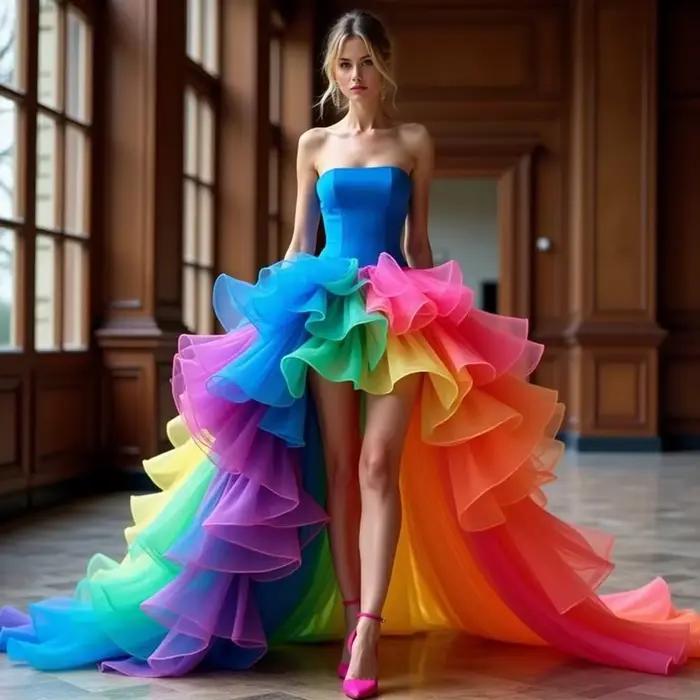 Robe de mariée colorée haute et basse pour femmes, à volants, sans bretelles, corset au dos, robes de remise de diplôme pour filles, robe d'anniversaire pour adolescentes, soirée festive, carnaval, cérémonie de remise de diplômes, anniversaire