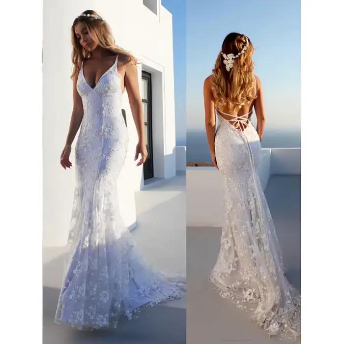 Bretelles élégantes robes de mariée sirène dentelle perles dos nu croisé col en V