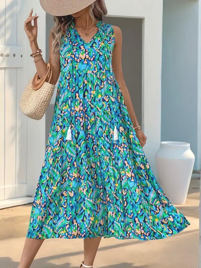 Robe polyester bohème imprimé abstrait à franges col en V pour femmes vacances d'été occasions spéciales