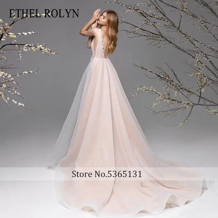 ETHEL ROLYN a-ligne robes De mariée pour femme avec nœud profond col en v Appliques scintillant Tulle robe