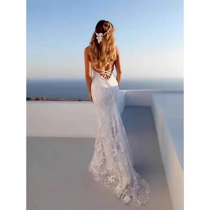 Bretelles élégantes robes de mariée sirène dentelle perles dos nu croisé col en V