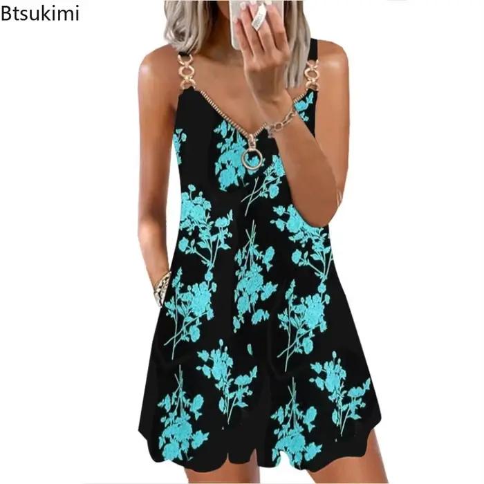 Robe décontractée de plage Btsukimi sans manches imprimée col en V pour femmes occasions spéciales printemps été automne