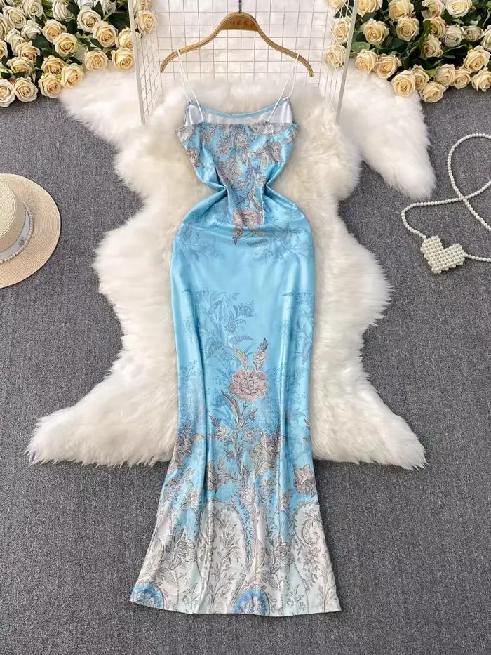 Foamlina – robe à bretelles imprimée bleu français pour femmes