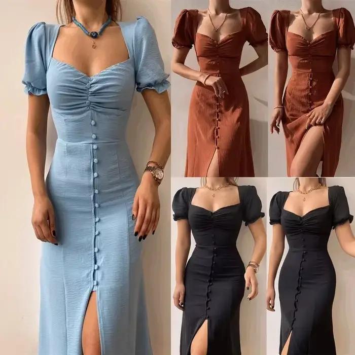 Robe mi-longue fendue à col en V pour femmes