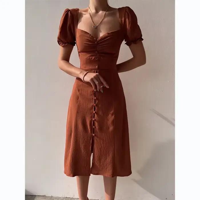 Robe mi-longue fendue à col en V pour femmes