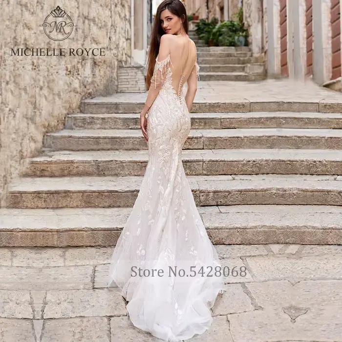 Michelle Royce-Robes de mariée sirène dos nu avec pompon