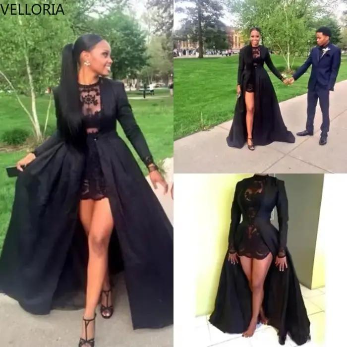 Robes de bal noires chaudes deux pièces robe courte en dentelle à col bijou avec veste en taffetas à manches longues