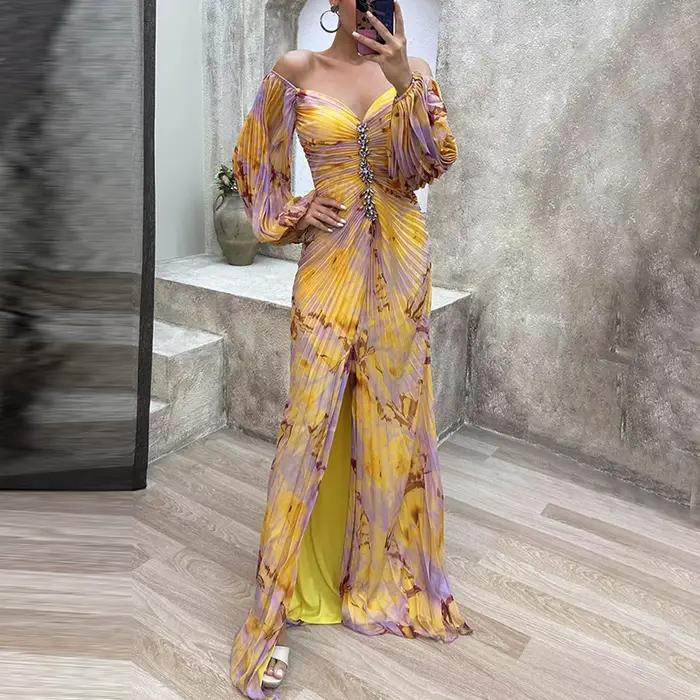Robes de Cocktail pour femmes à volants plissés à manches longues