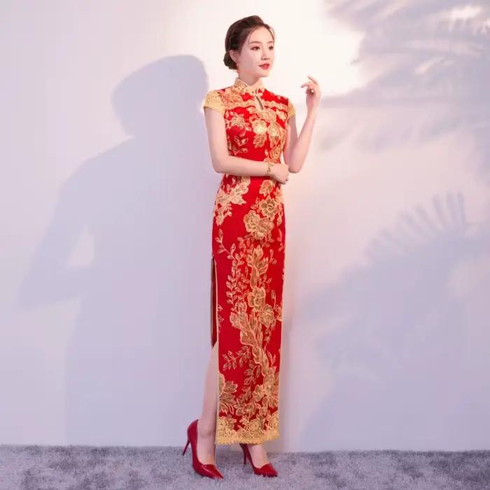 Robe longue rouge à paillettes pour femmes