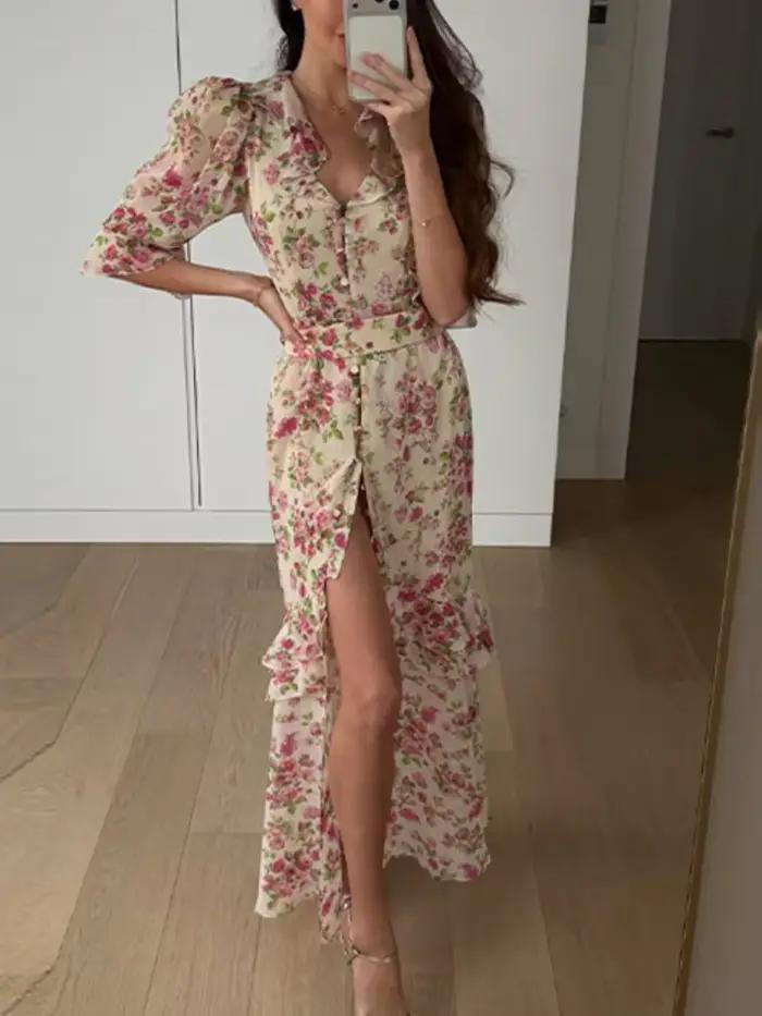 Robe longue chic pour femme col en V manches mi-longues fente haute cintrée à la taille avec volants occasions spéciales fêtes vacances été