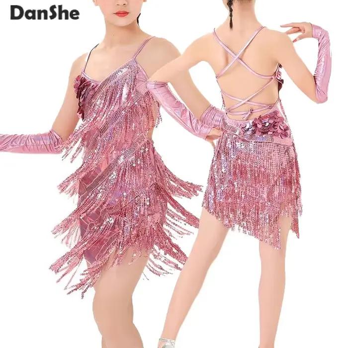 Robe de danse latine à franges et paillettes pour filles