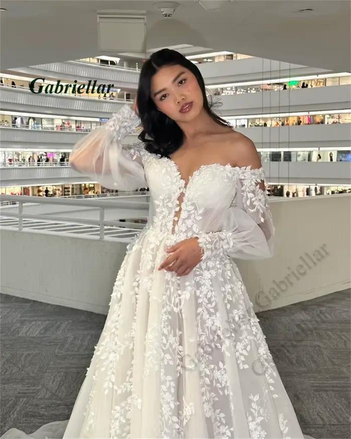 Gabriellar glamour chérie robes De mariée avec manches lanterne a-ligne chapelle Train Brudekjole