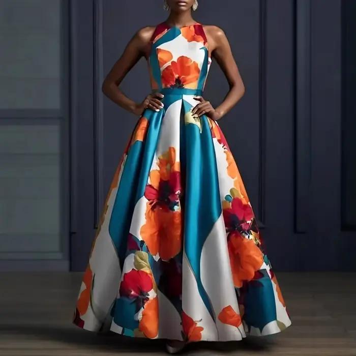Robe débardeur imprimée florale pour femmes, col rond, plissée, ligne A, taille haute, élégante, style Boho, sans manches, robe longue d'été pour occasions spéciales