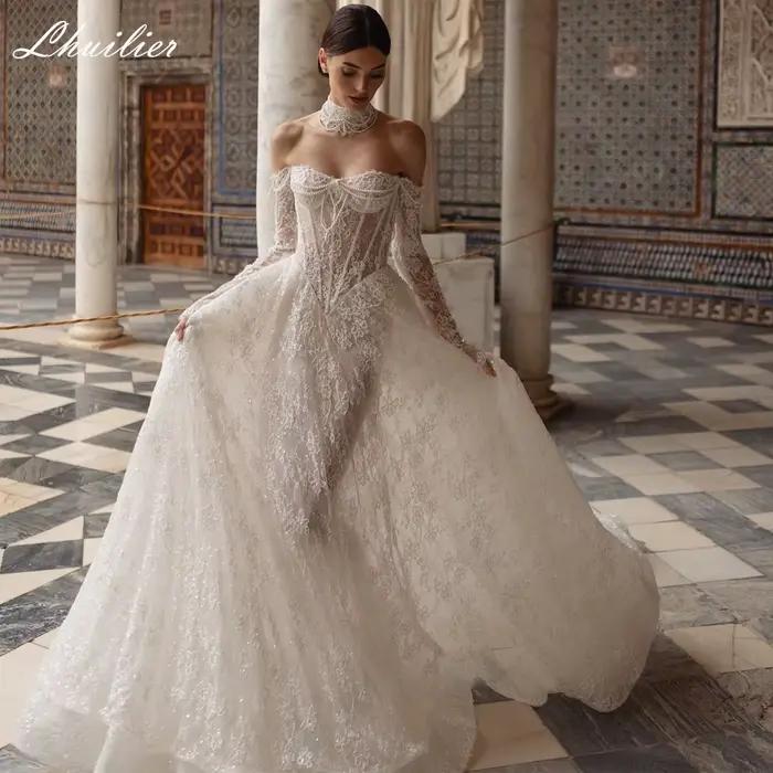 Lhuilier personnalisé une ligne Illusion dentelle robes de mariée hors de l'épaule perlée
