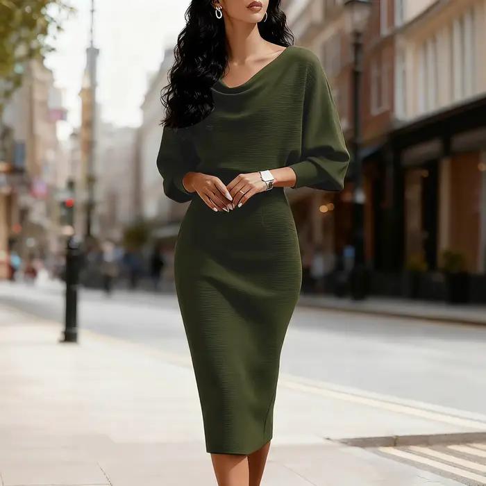 Minceur efficace col rond chauve-souris à manches longues taille cintrée robe automne hiver femmes mode confortable tenue décontractée