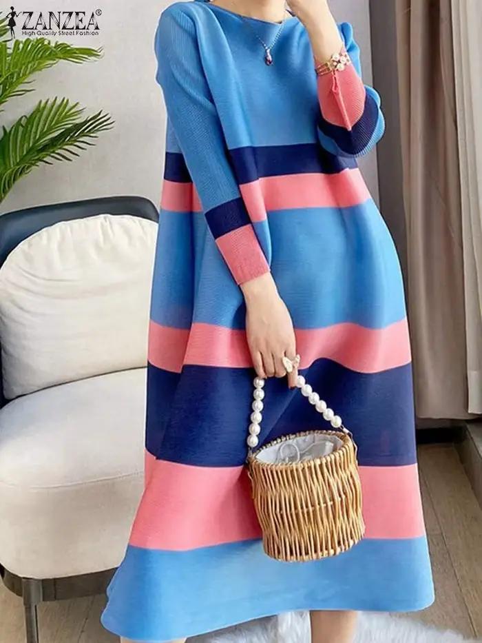 Robe mi-longue rayée à col rond pour femmes