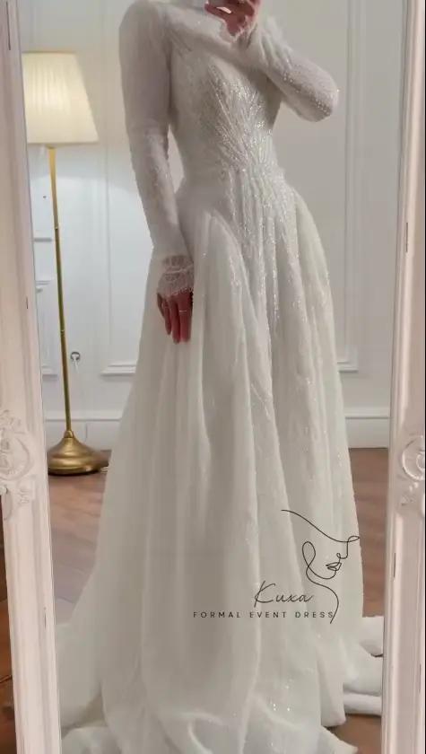 KUXA personnalisé musulman dubaï robes de mariée de luxe dentelle perlée a-ligne arabe manches longues