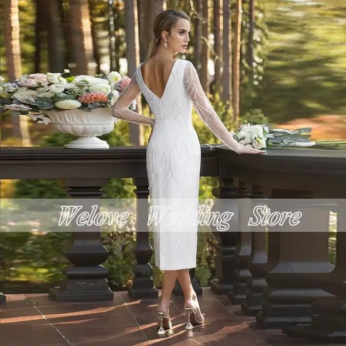 Gaine thé longueur robe de mariée civile avec Illusion manches longues col en V paillettes
