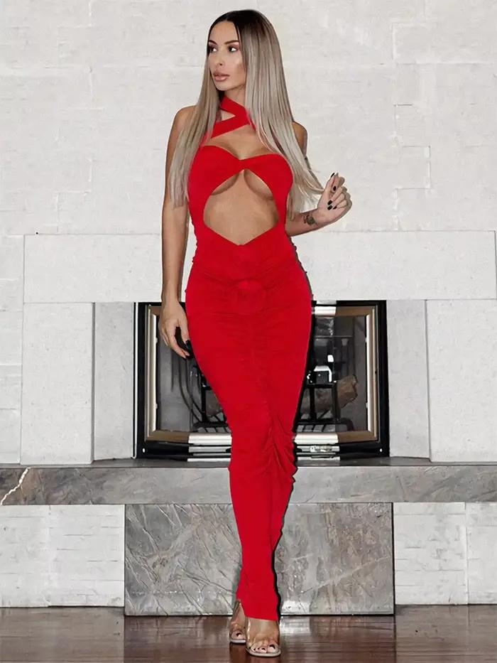 Robe de soirée longue drapée sans manches pour femmes