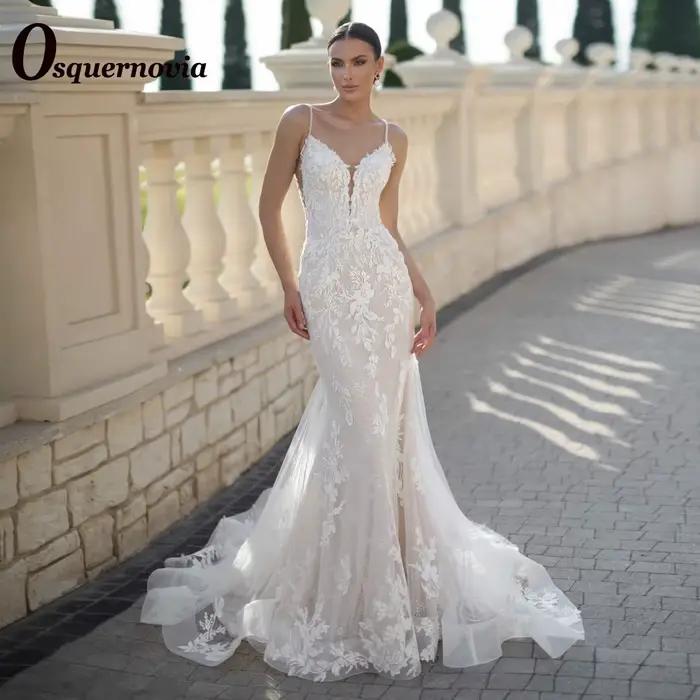 Osquernovia robes de mariée charmantes pour Mariages Appliques bouton bretelles Spaghetti sirène Tulle Suknia Slubna personnalisé