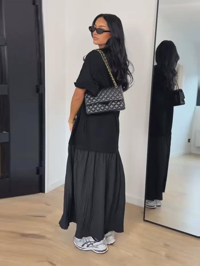 Robe longue oversize à manches courtes et patchwork pour femme