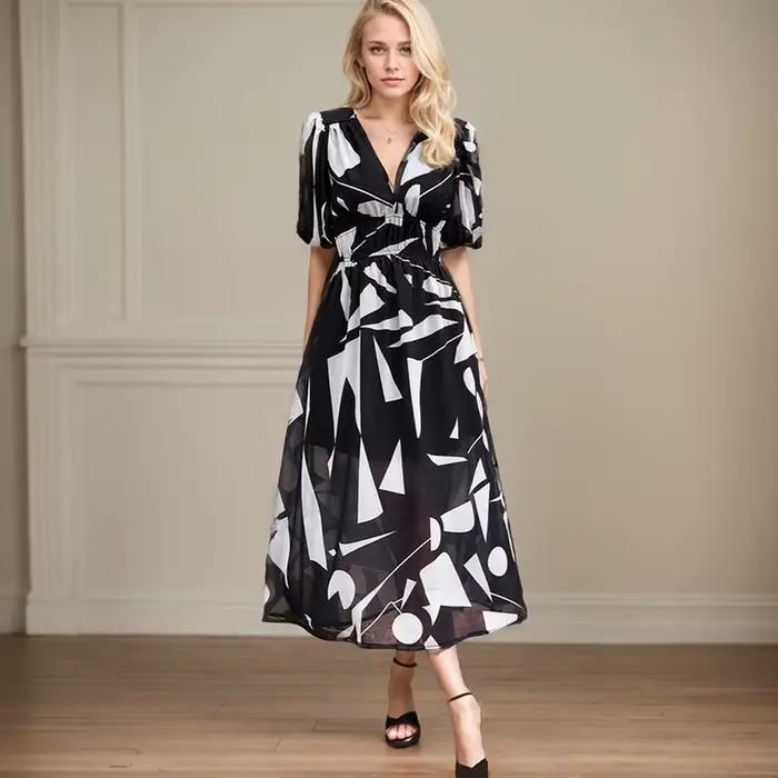 Robe Longue en Mousseline de Soie à Manches Lanternes pour Femme