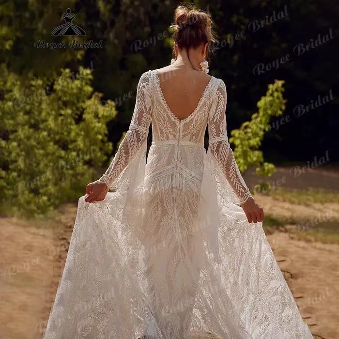Robe mariee boheme dentelle à manches longues sirène
