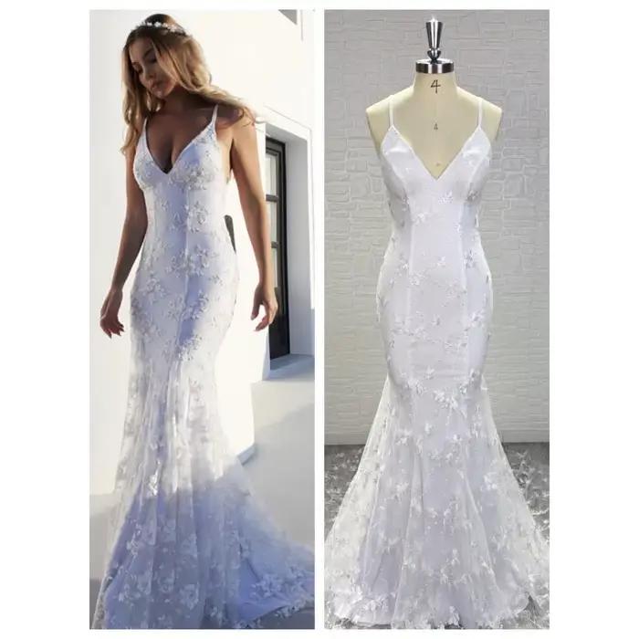 Bretelles élégantes robes de mariée sirène dentelle perles dos nu croisé col en V