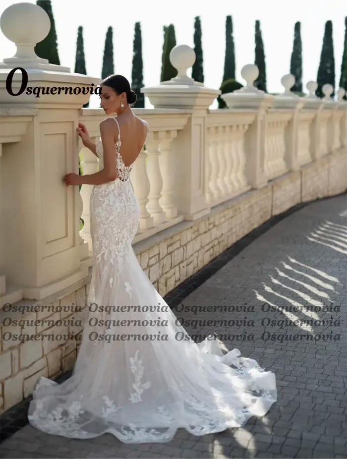 Osquernovia robes de mariée charmantes pour Mariages Appliques bouton bretelles Spaghetti sirène Tulle Suknia Slubna personnalisé