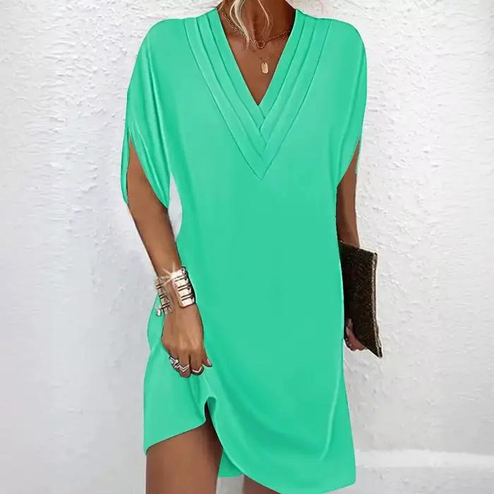 Femmes élégantes multicouche col en V pull robes été chauve-souris demi manches robe nouvelle femme couleur unie