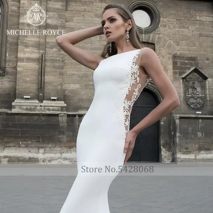 Michelle Royce sirène robes De mariée élégant Scoop découpé Appliques gracieux bouton Court Train