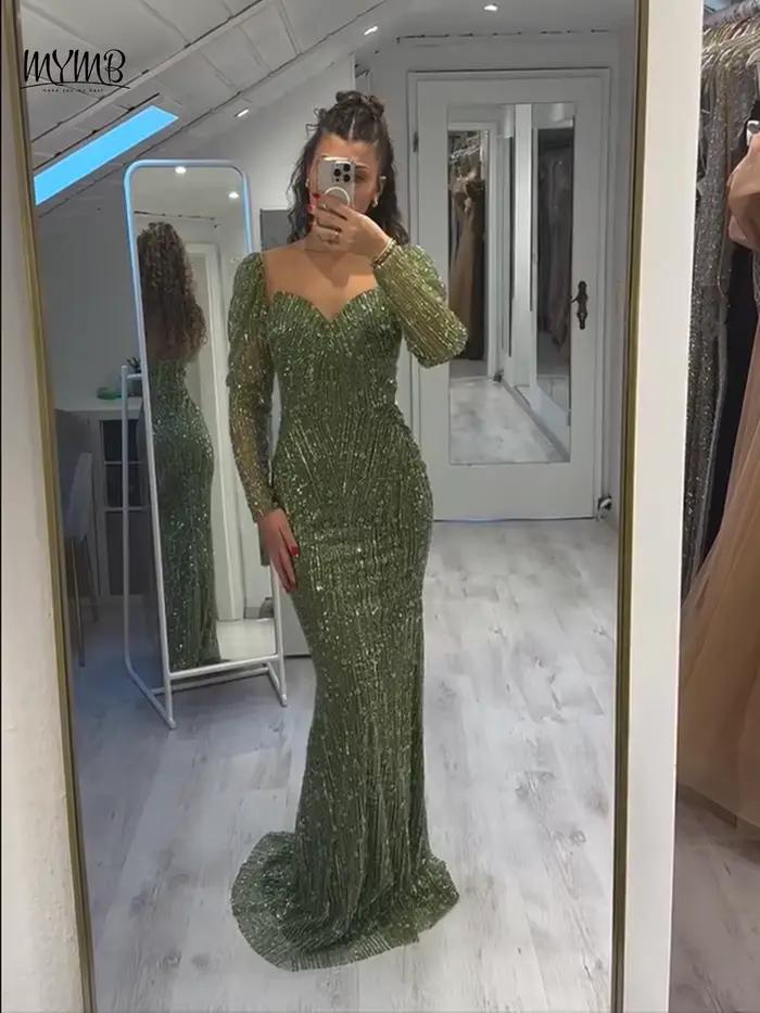 Robe de soirée sirène à manches longues et col rond pour femme