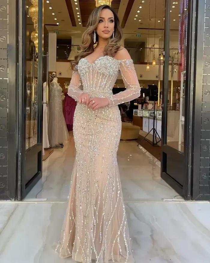 Vinca Sunny personnalisé Champagne sirène robes de soirée dubaï perles plis formels manches longues fête bal