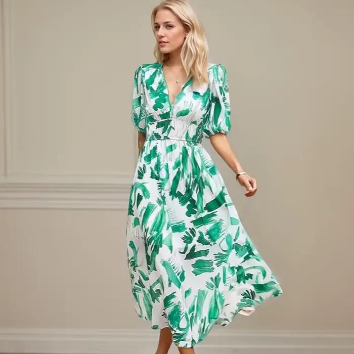 Robe Longue en Mousseline de Soie à Manches Lanternes pour Femme