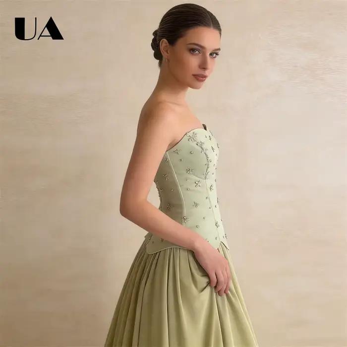 Robe de bal sans bretelles en satin vert sauge pour femmes corsage corset orné cape détachable soirée mousseline de soie occasions spéciales