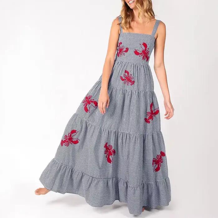 Robes d'été Chic à carreaux brodés de homard